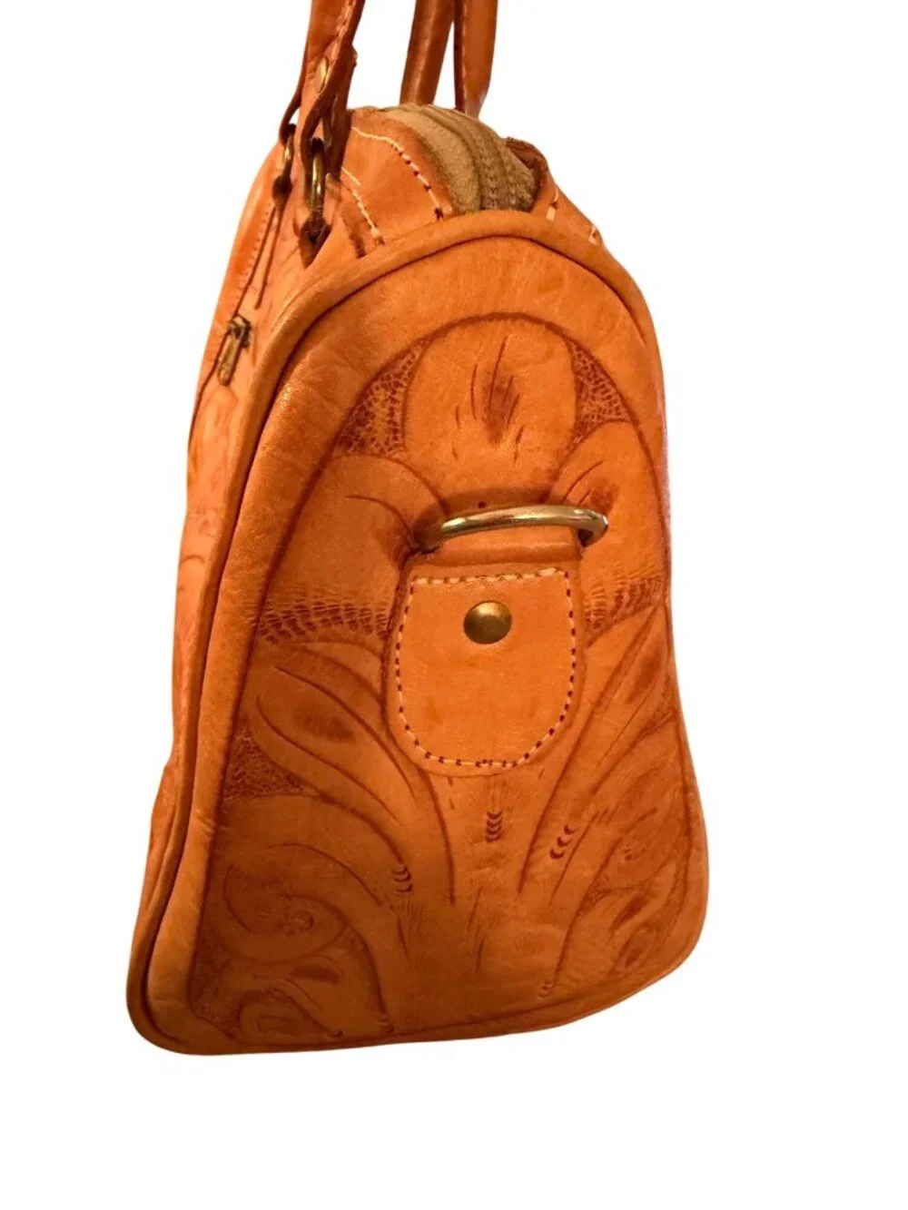 Vintage Womens Rectangular Hand-tooled Leather Handbag Top Handles Tan Western